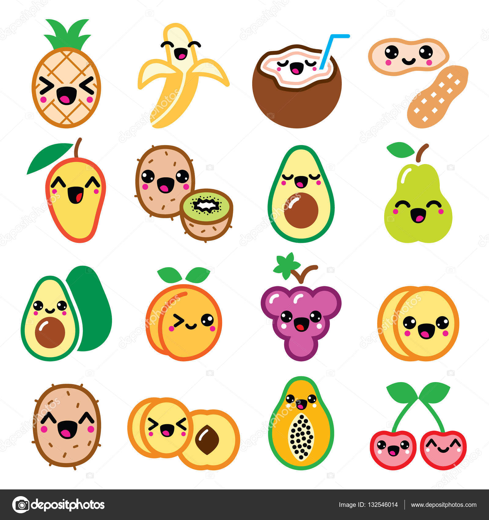 Kawaii frutas e nozes personagens bonitos ícones conjunto imagem